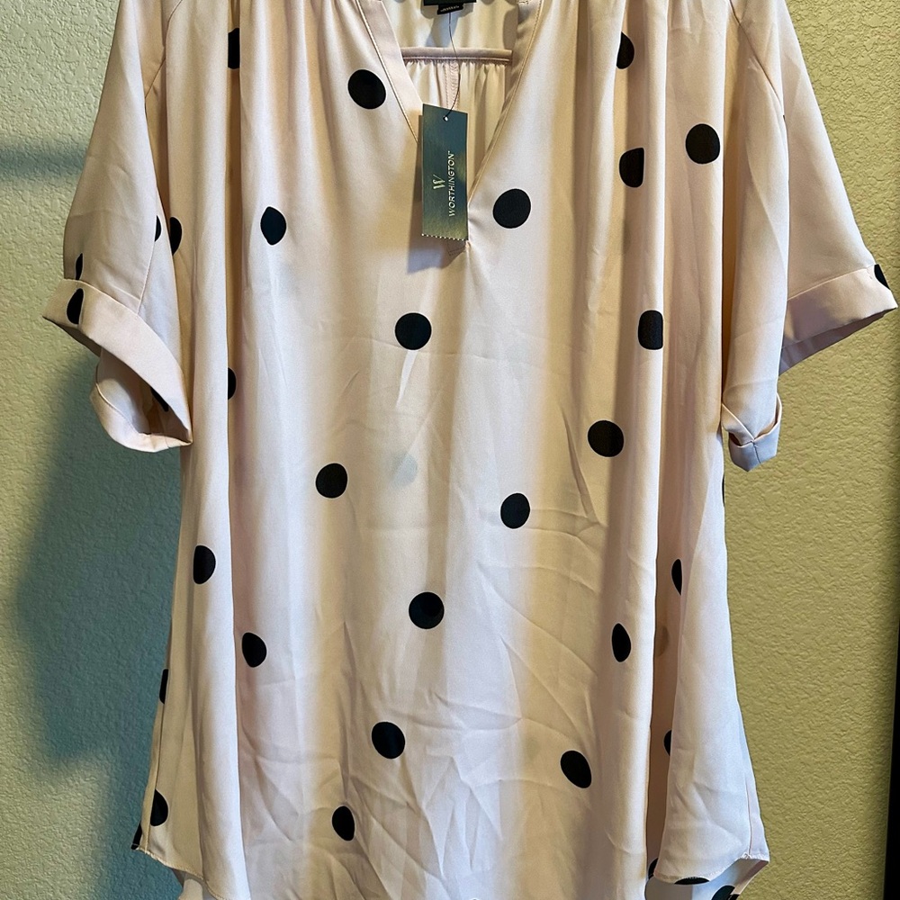 Worthington Cream Blouse with Black Polka Dots